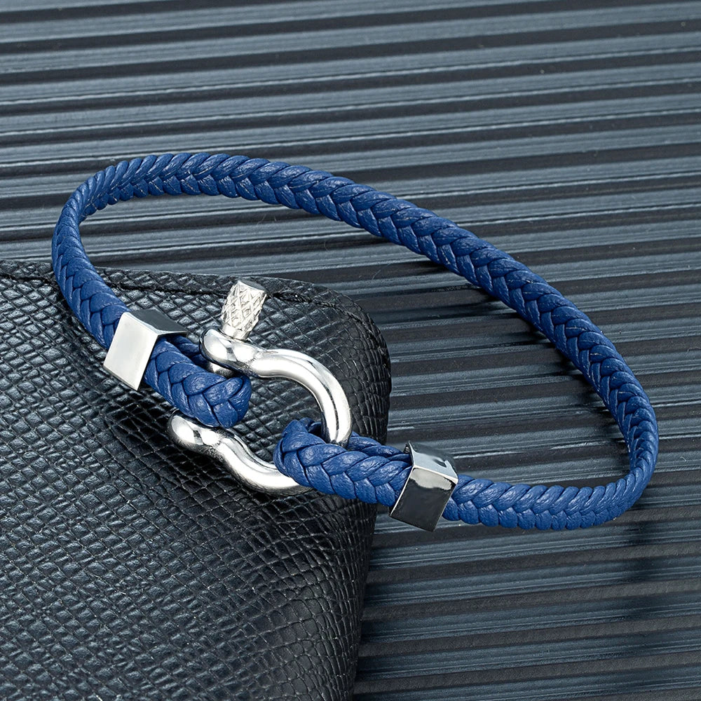 MKENDN Braided Leather Bracelet Men Women Stainless Steel Mini Horseshoe Shackle with Screws Bracelets For Boater Surfer Jewelry