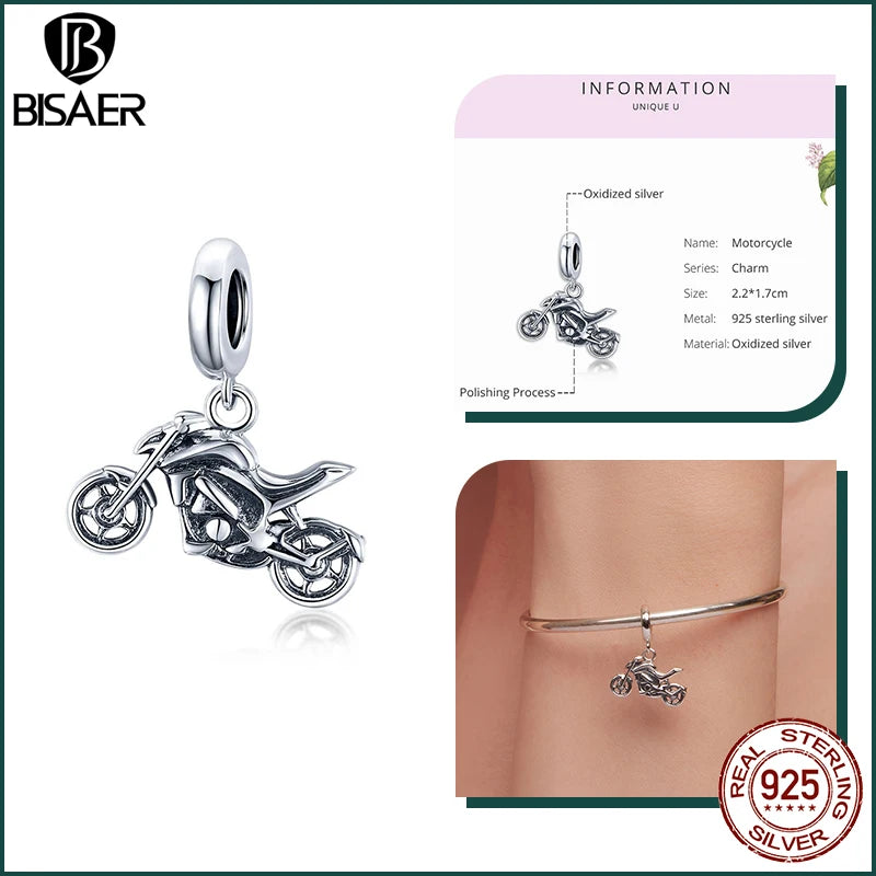 BISAER 925 Sterling Silver Jeep Car Charm Bead Vintage Motorcycle Bicycle Pendant For Women DIY Bracelet Fine Jewelry ECC2711