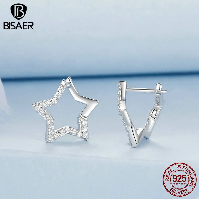 BISAER 925 Sterling Silver Dazzling Star Stud Earrings Pavé Setting Zircon Plated White Gold Fine Jewelry For Woman Party Gift