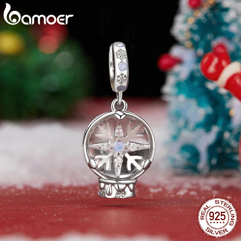 BAMOER S925 Pendentif boule de cristal flocon de neige de Noël en argent pour bracelet original DIY Bamoer Charm pour la fabrication de bijoux cadeau de Noël