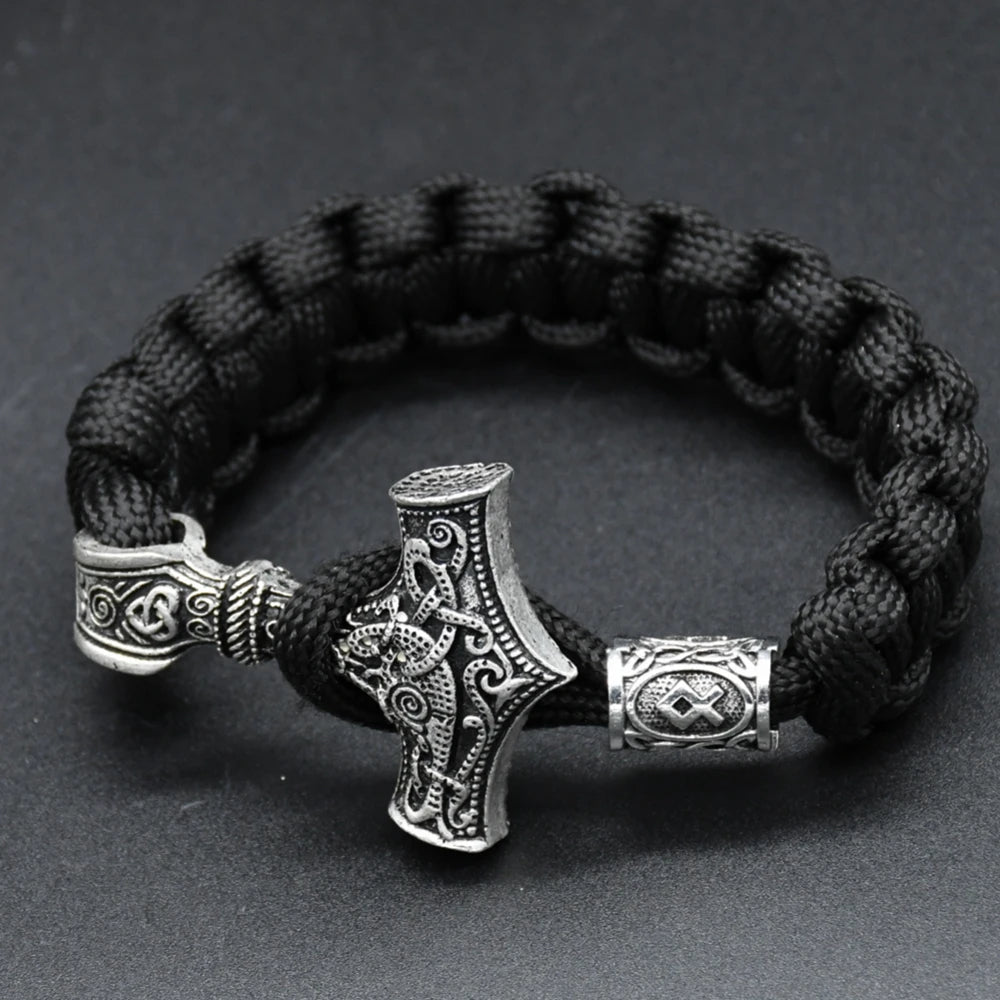 Norse Viking Men Bracelets Thor Mjolnir Hammer Paracord Amulet Valknut Runes Beads Hand Made Rope Wrap Scandinavian Bangles Gift