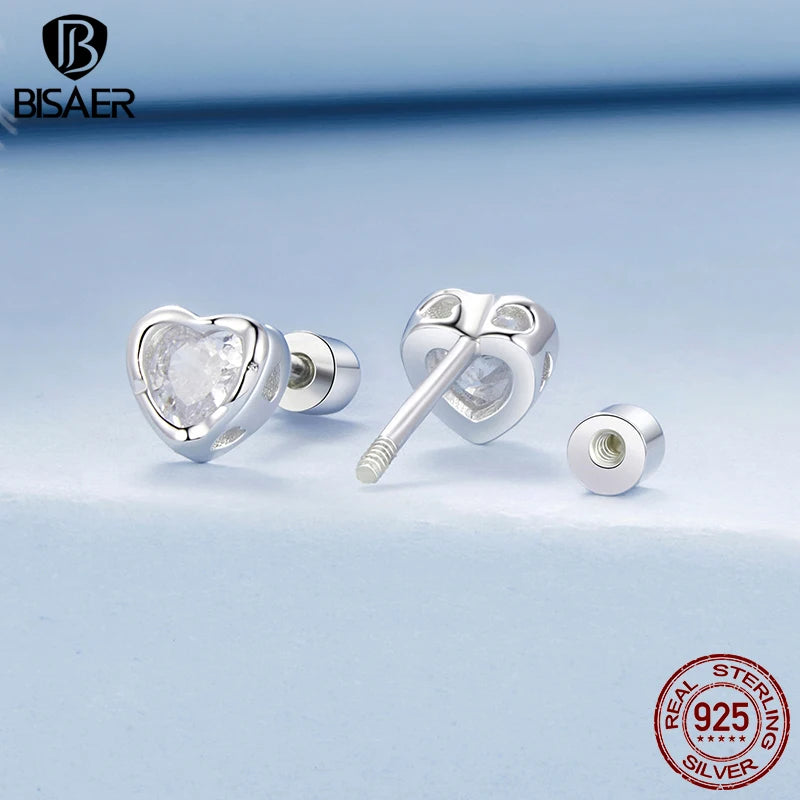 BISAER 925 Sterling Silver Heart Stud Earrings Sparkling Zircon Plated White Gold Hypoallergenic Earrings for Women Fine Jewelry