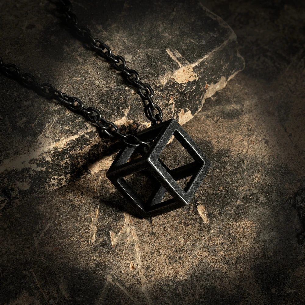 MKENDN Punk Style Vintage Oxidized Black Stainless Steel Openwork Rubik's Cube Pendant Link Chain Necklace For Men Jewelry Gift