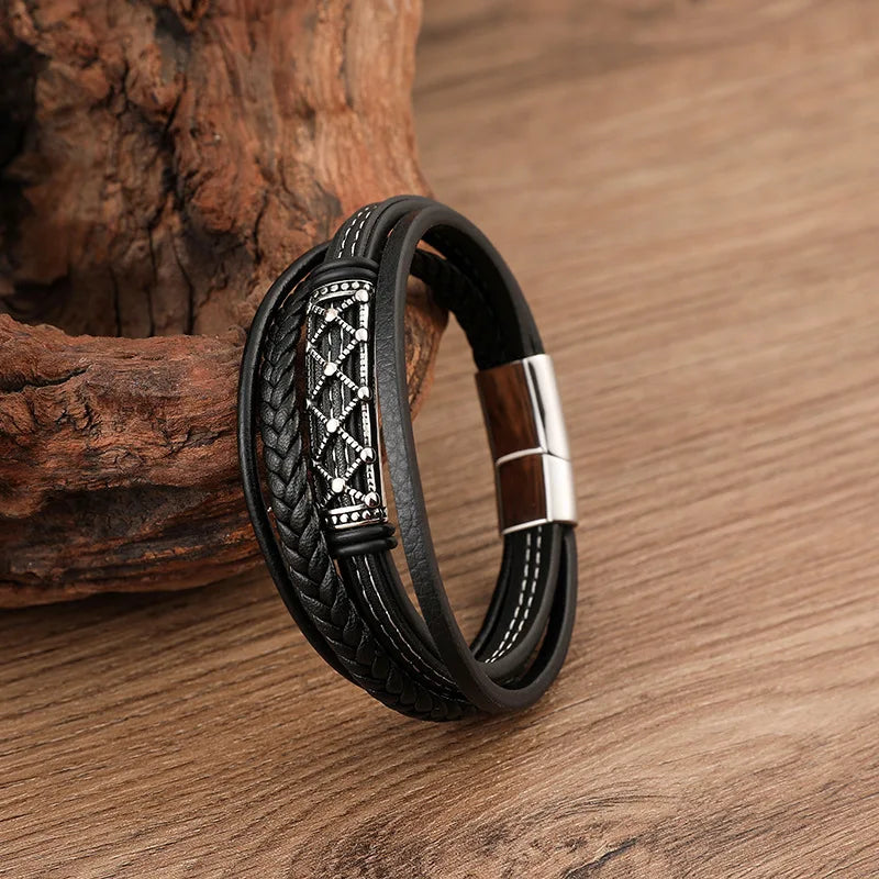 MKENDN Braided Wrap Multilayer Leather Bracelets for Men Vintage Hollow Pattern Stainless Steel Metal Accessories Wristbands