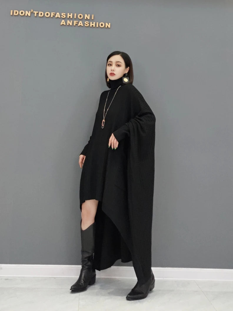 SHENGPAIAE Pleated Long Sleeve Turtleneck Irregular Dress Wool Sweater Sweater Loose Robe Dresses Women 2024 Female New 5Q694