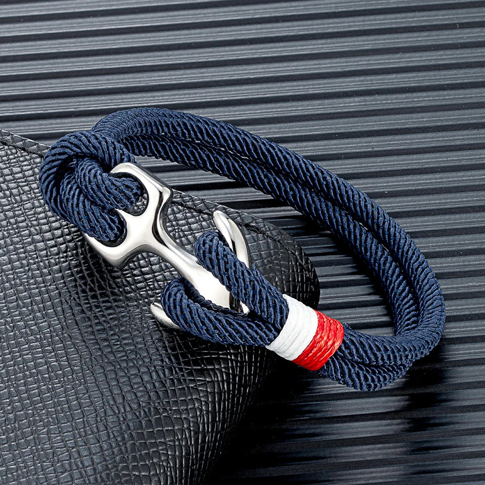 MKENDN Creative Contrast Double Strand Anchor Bracelets Men Women Nautical Survival Rope Bracelets Stainless Steel Anchor Buckle