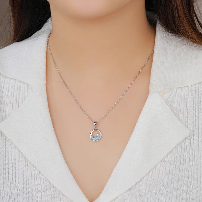 XYOP 925 Silver Gift Simple Wave Natural Larimar Pendant,The Girl Next Door Is Clean And Calm