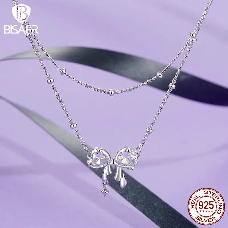 BISAER 925 Sterling Silver Dazzling Bowknot Pendant Necklace Adjustable Chain Plated White Gold for Woman Wedding Fine Jewelry