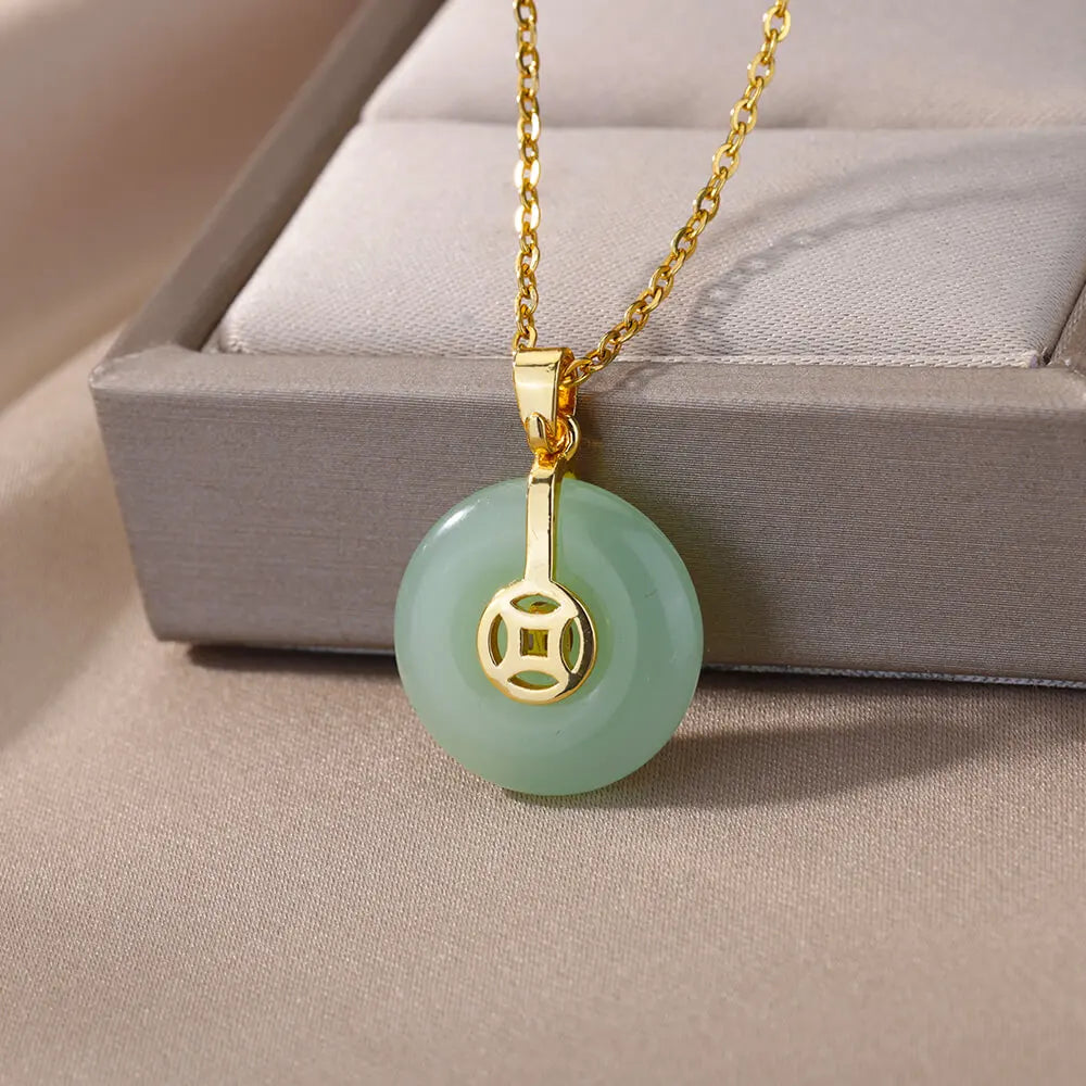 Gold Color Stainless Steel Necklace for Women Men Retro Blessing Round Jade Lucky Necklace Jewelry Birthday Gift