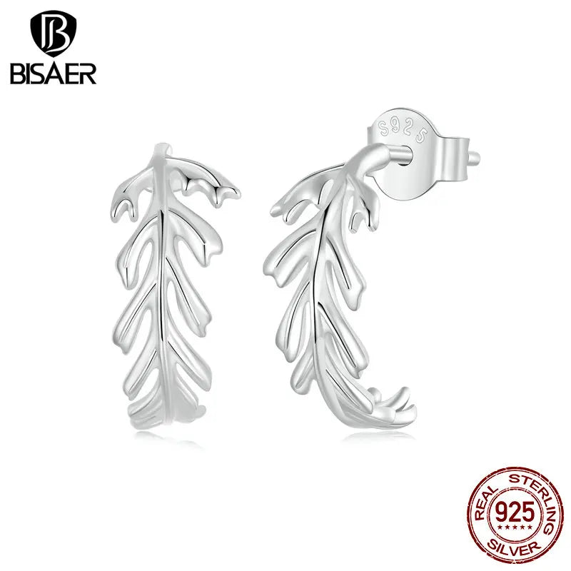 BISAER 925 Sterling Silver Leaf Stud Earrings Simple Plants Ear Clip Plated White Gold For Women Girls Party Fine Jewelry Gift