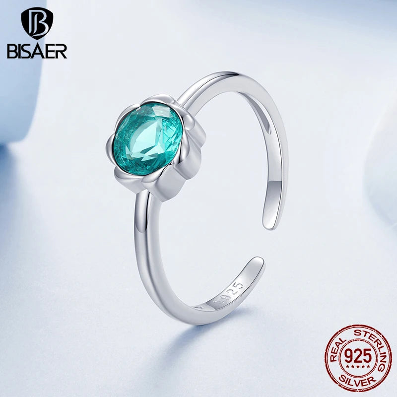 BISAER 925 Sterling Silver Flower Open Ring Green Glass Flowers Band Plated White Gold for OL Women Party Fine Jewelry Gift