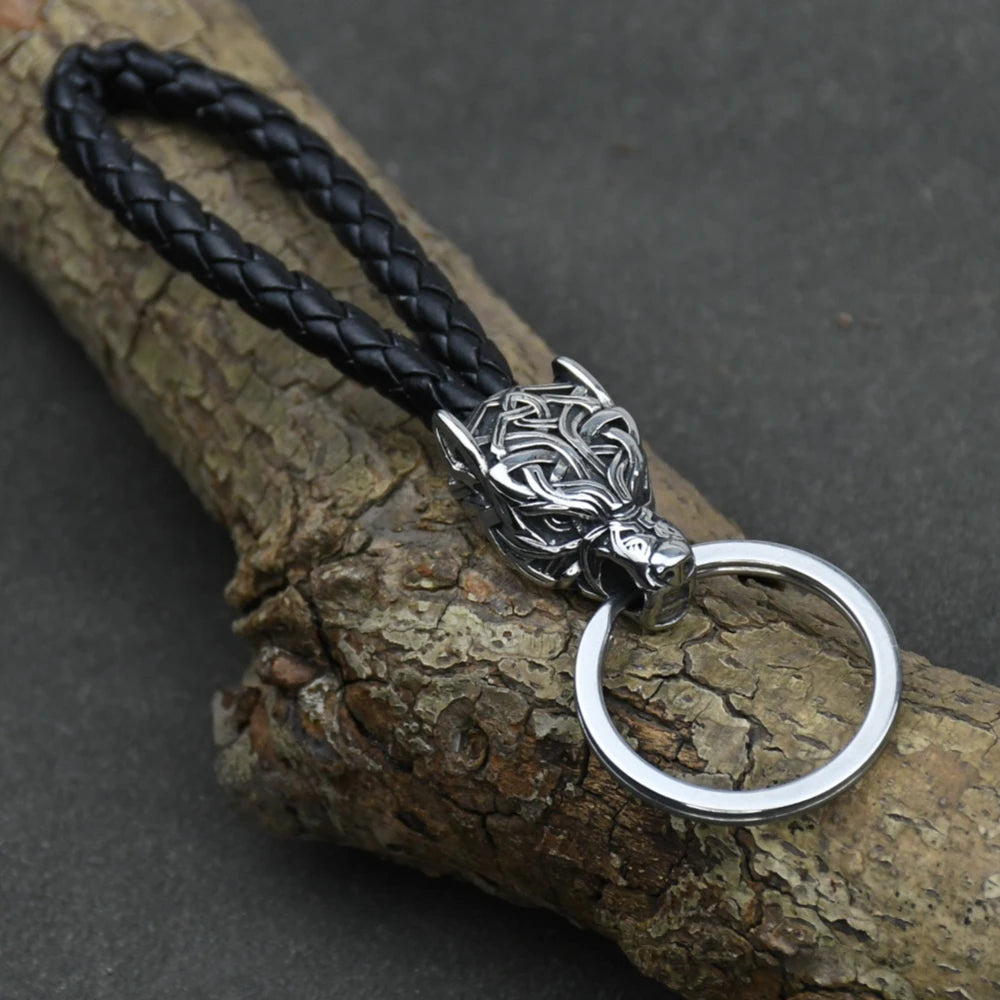 Vintage Wolf Head Keychains Vikings Pendant Stainless Steel wolf Keyring Handmade Male Black leather Key Ring