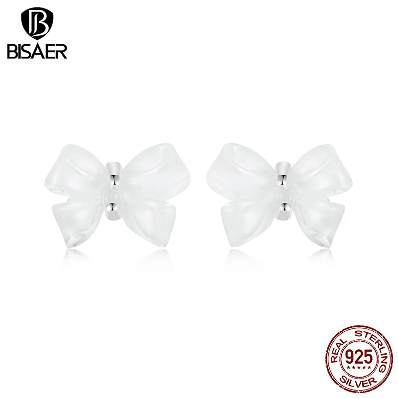 BISAER Real 925 Sterling Silver Bowknot Stud Earrings Minimalist Bow Stud Ear For Women Party Original Fine Jewelry Gift ECE1815