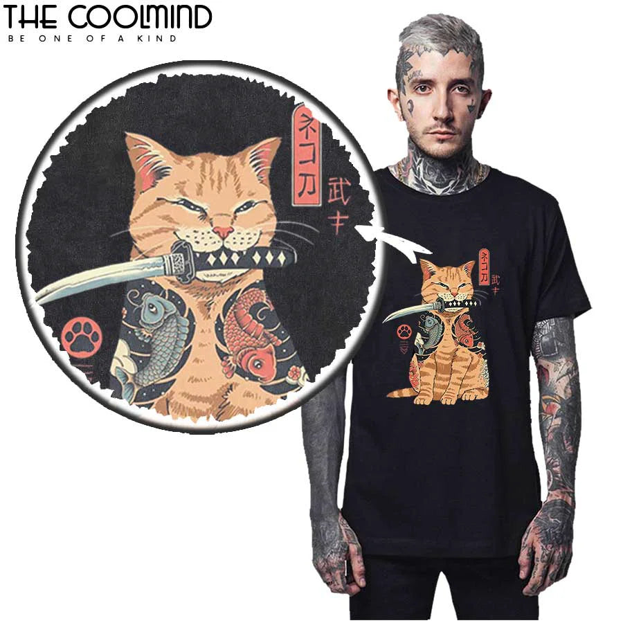 COOLMIND 100% Cotton Short Sleeve Knife Cat Print Men Tshirt Cool Cat Men T Shirt o-neck Loose t-shirt Mens Tee Shirts Tops