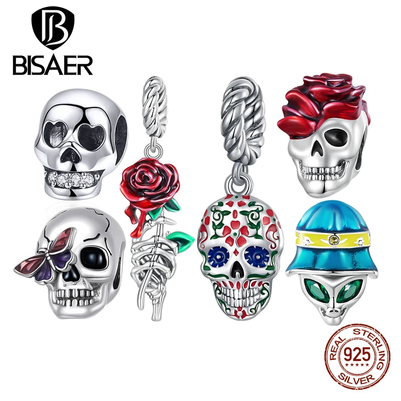 BISAER 925 Argent Sterling Vintage Rose &amp; Crâne Charm Grotesque Alien Pendentifs Coeur Perle Fit Halloween Party DIY Bracelet Bijoux