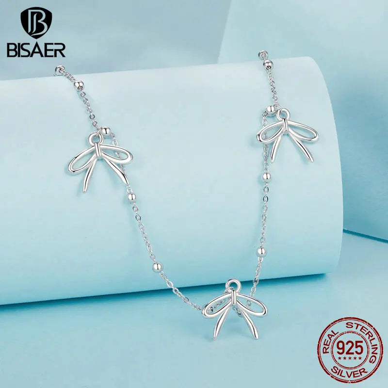 BISAER 925 Sterling Silver Three Bows Necklace Pendant Adjustable Chain Plated White Gold for Elegant Women Wedding Fine Jewelry