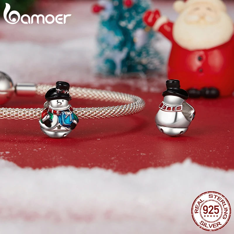 BAMOER - Breloque en forme de bonhomme de neige de Noël en argent massif S925 - Compatible avec un bracelet original - Breloque Bamoer pour la fabrication de bijoux - Cadeau de Noël