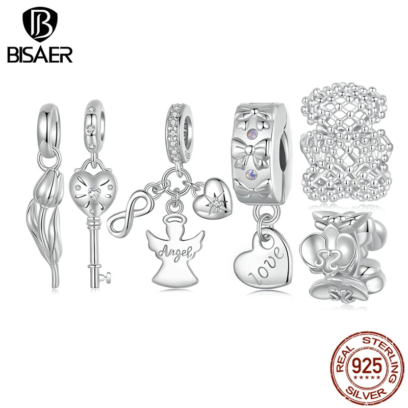 BISAER 925 Sterling Silver Guardian Angel Charm Bead Tulip Heart Key Bow Stopper Pendant Fit Women DIY Bracelet Jewelry Gift