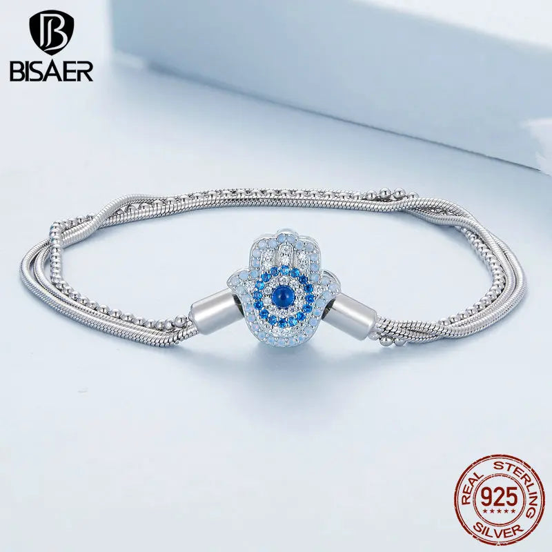 BISAER Real 925 Sterling Silver Fatima Guardian Angel Basic Bracelet Plated platinum for Women Charms Beads DIY Fine Jewelry