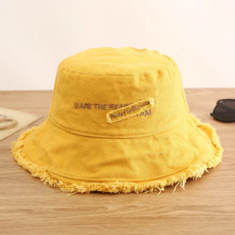 Men's Raw Fringed Bucket Hat Bob Summer Kpop Cloth Label Panama Hat for Women Hip Hop Caps Outdoor Sun Fishing Fisherman Hat