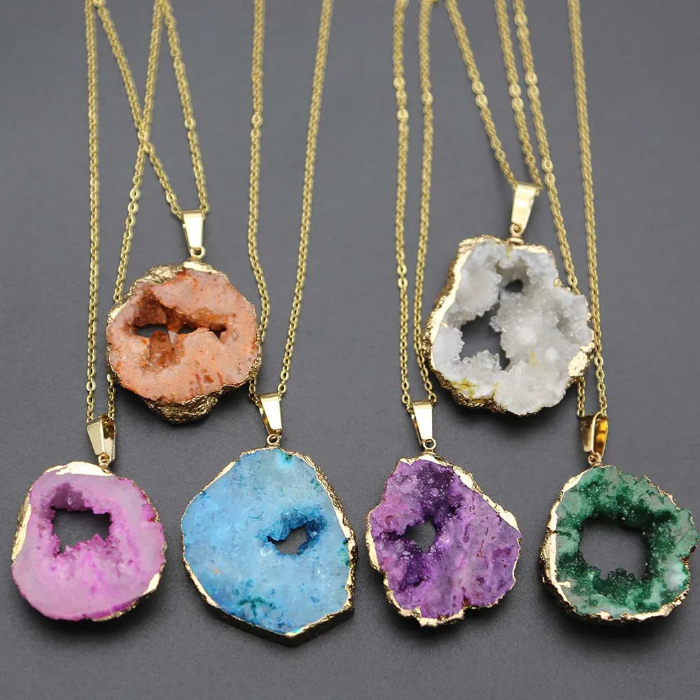 New Natural Agates Irregular Raw Stone Slice Necklaces Pendants Crystal Plating Phnom Penh charms DIY Jewelry Accessories Making