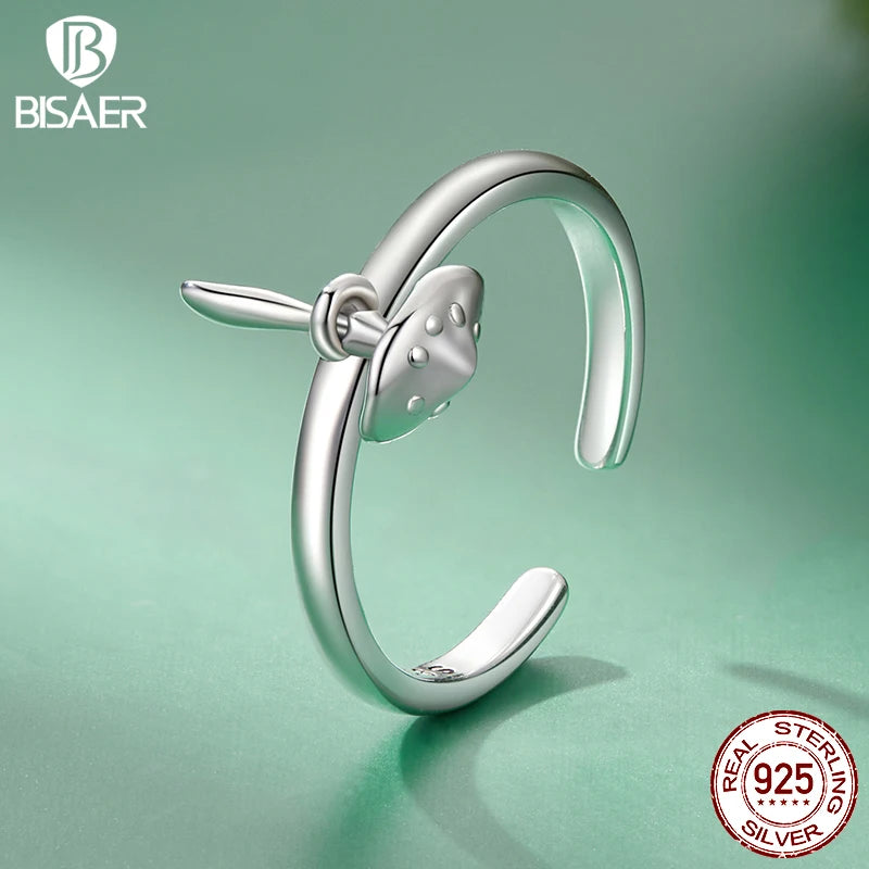 BISAER 925 Sterling Silver Cute Mushroom Open Ring Adjustable Size 5-9 Band  for Women Party Fine Jewelry ECR1086-E