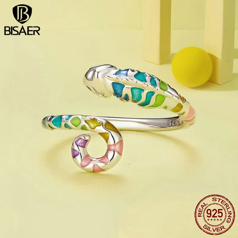 BISAER 925 Sterling Silver Chameleon Set Enamel process Earrings Open Ring Plated Platinum For Women Party Fine Jewelry Gift