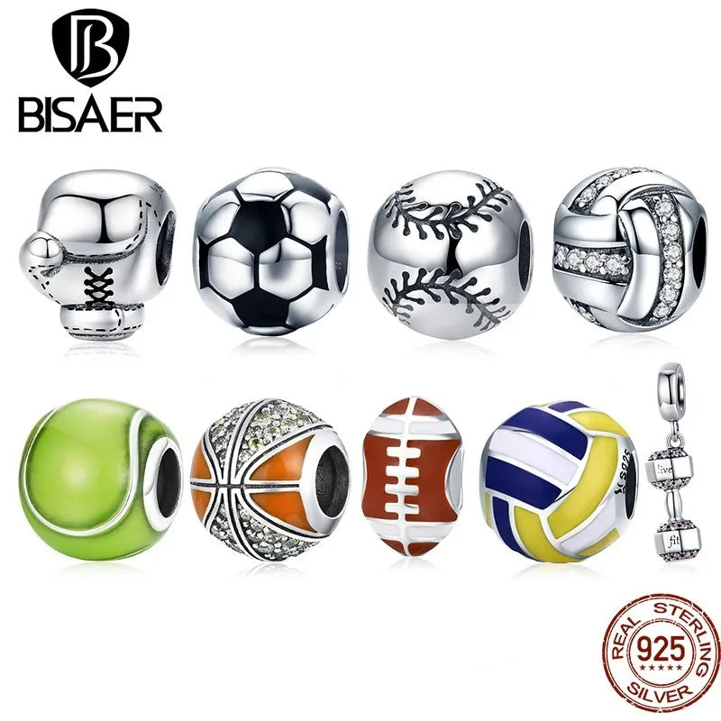 BISAER - Colgante de plata de ley 925 con forma de bola de fútbol, ​​voleibol, tenis, baloncesto, mancuerna, compatible con pulseras, joyería fina DIY