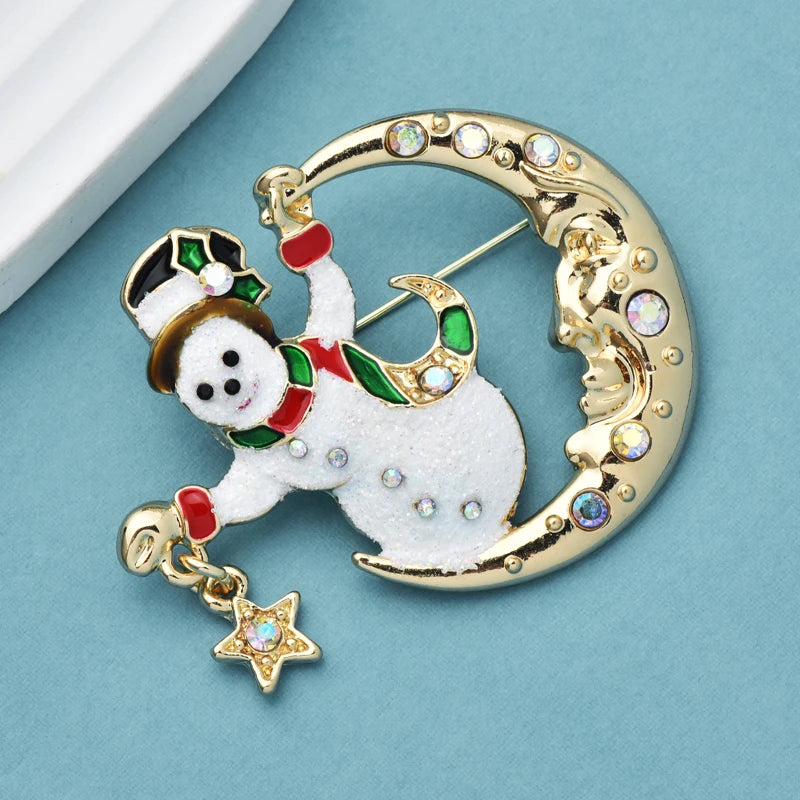 Wuli&baby Catch Star Snowman Brooches Enamel Romantic Stand Moon Snow Figure Christmas New Year Brooch Pins Gifts