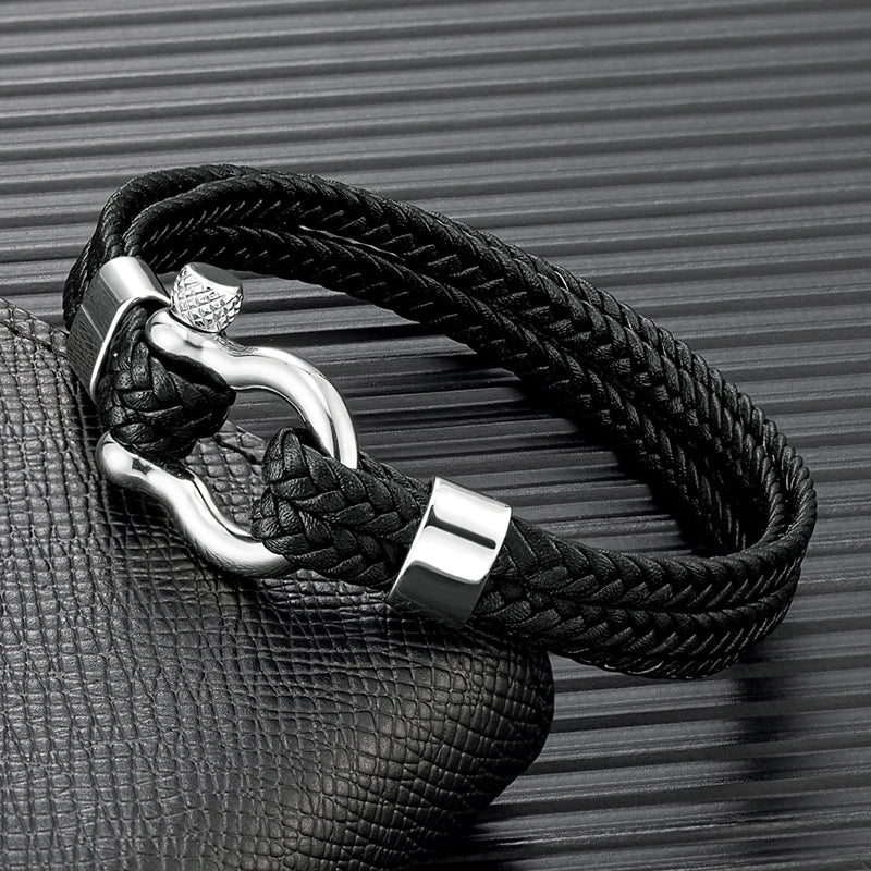 MKENDN Bow Shape Shackle Bracelet Double-layer Woven Leather Bracelet For Men Women Stainless Steel Horseshoe Clasp with Screw