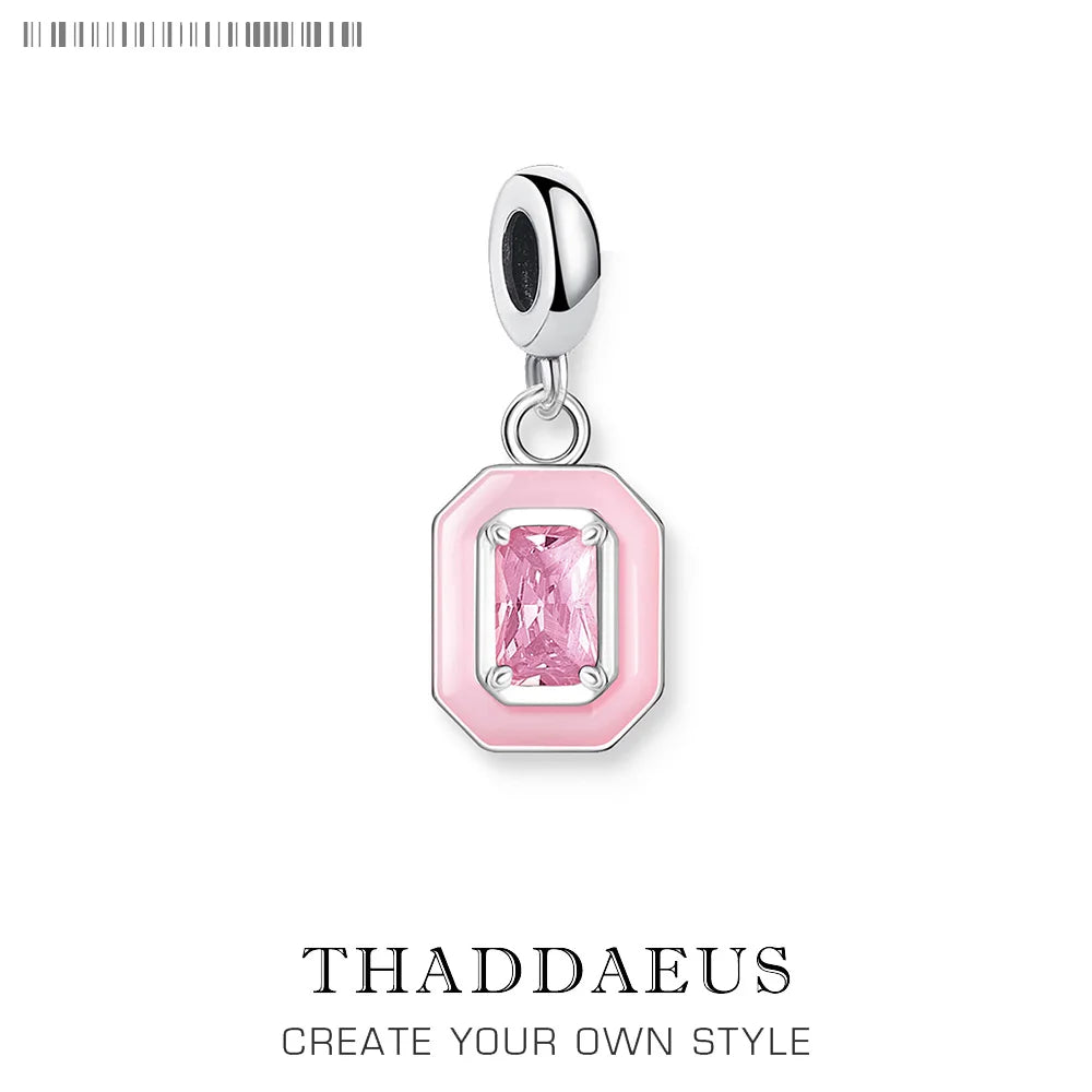 Dangle Charm Pendant Pink Stone Octagon Design New Europe Jewelry Trendy Gift In 925 Sterling Silver