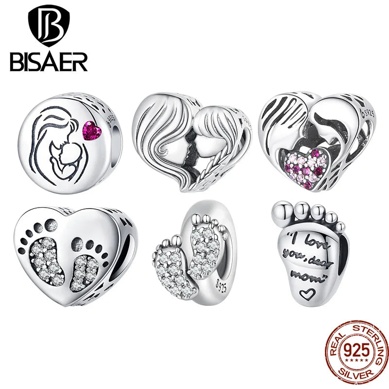 BISAER 925 Sterling Silver Mother Daughter Charm Barefoot Bead Fit Mother's Day Birthday Bracelet Necklace DIY Fine Jewelry