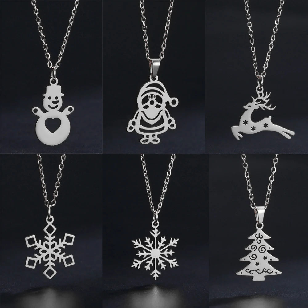 Collier pendentif de Noël en acier inoxydable Cazador pour femme Père Noël Bonhomme de neige Arbre Élan Flocon de neige Bijoux Cadeau de famille 2024