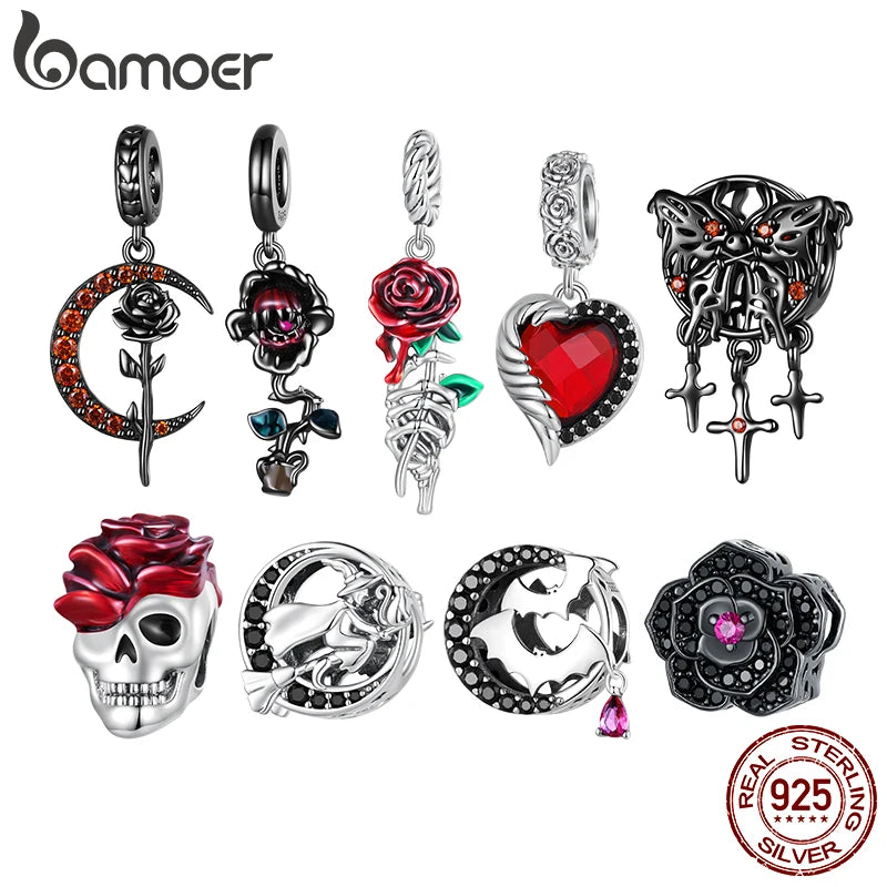 Bamoer 925 Sterling Silver Halloween Collection Charms fit DIY Charms Bracelet & Bangle Fine Jewelry Skull Bead Rose Pendant