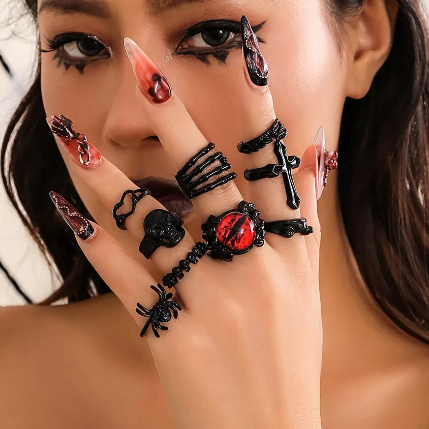 Juego de 9 anillos góticos con forma de calavera y araña en forma de ojo de diablo negro para mujer, estilo vintage, con forma de cruz, Jesús, corazón, joyería de Halloween, regalo nuevo