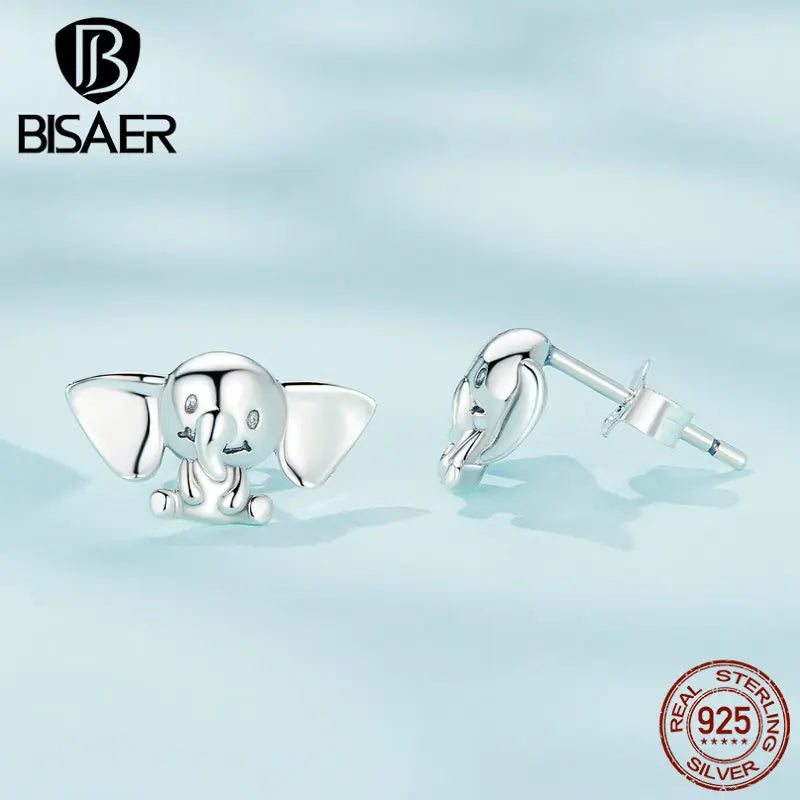 BISAER Real 925 Sterling Silver Cute Elephant Stud Earring Mini Animal Stud Ear For Woman Party Fine Jewelry ECE1537