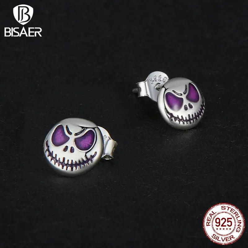 BISAER 925 Sterling Silver Mini Pumpkin Luminous Stud Earrings Enamel Ear Clip For Girl Halloween Party Original Fine Jewelry