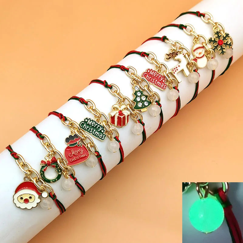 Bracelet lumineux tissé à la main de Noël pour femmes, père Noël, bonhomme de neige, cerf, cloche, arbre de Noël, chapeau, breloques, bijoux