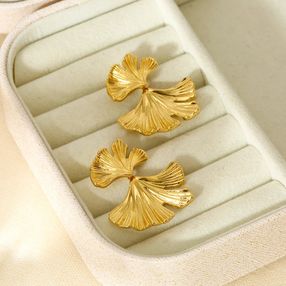 New Trend 18k Gold Plated Stainless Steel Ginkgo Leaf Drop Earrings for Women Texture Chunky Statement Dangle Studs Jewelry