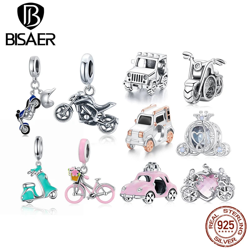 BISAER 925 Sterling Silver Jeep Car Charm Bead Vintage Motorcycle Bicycle Pendant For Women DIY Bracelet Fine Jewelry ECC2711