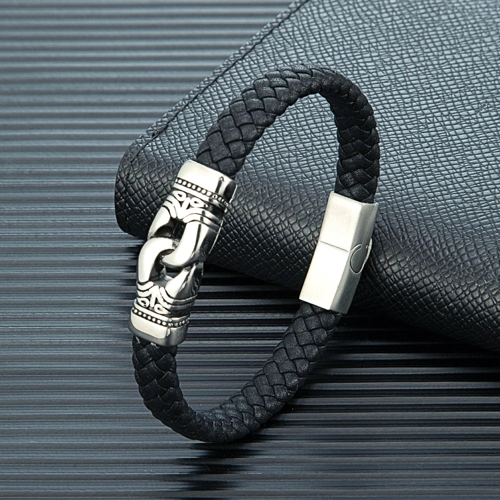 MKENDN Fashion Stainless Steel Magnetic Punk Rock Men Knot Bracelet Genuine Leather Braided Bangles Male Jewelry Accessories