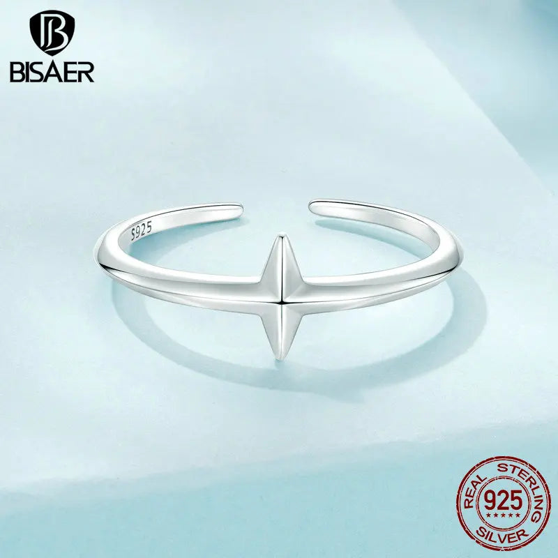 BISAER 925 Sterling Silber Minimalistischer Kreuz-Offener Ring Kreuz Creolen Vergoldet Weißgold für Elegante Damen Party Edler Schmuck