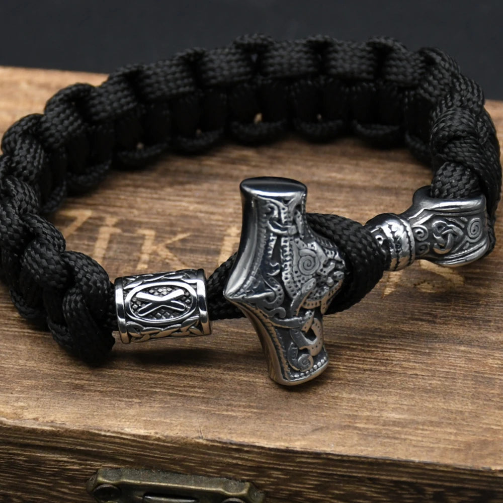 Handmade Stainless Steel Viking Thors Hammer Survival Bracelets Paracord Rope Nordic Amulet Mjolnir Scandinavian Mens Jewelry