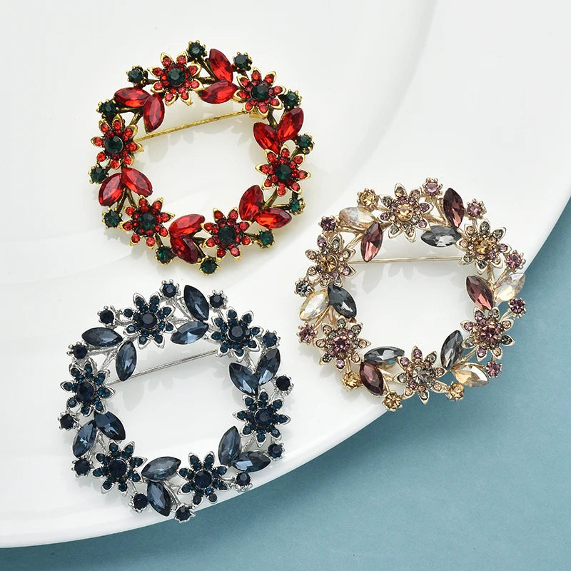 Wuli&baby Red Sparkling Round Flower garland Brooch Pin Jewelry Accessory