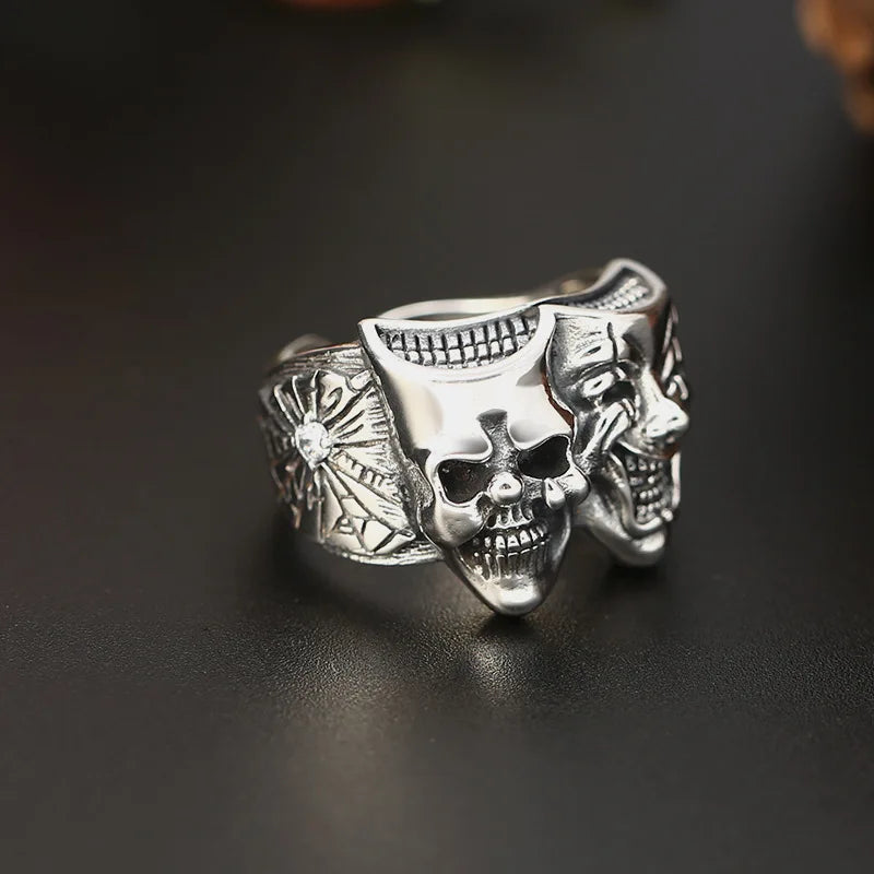 Anillo de Joker retro de dos caras para hombre, color plateado, estilo punk, gótico, ajustable, estilo rock, hecho a mano, hip hop, unisex, accesorios de joyería, regalo