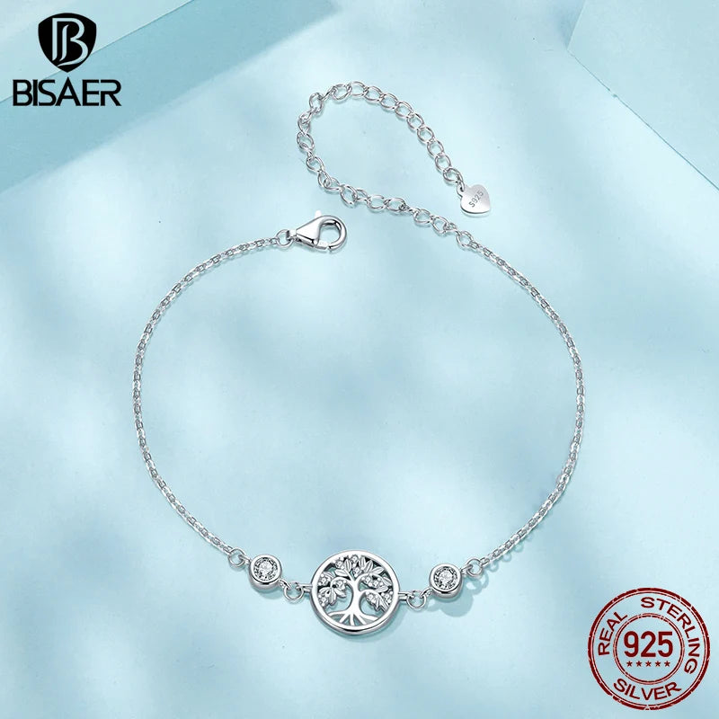 BISAER 925 Sterling Silver Tree of Life Bracelet Adjustable Charm Chain Plated White Gold for Women Party Fine Jewelry ECB288