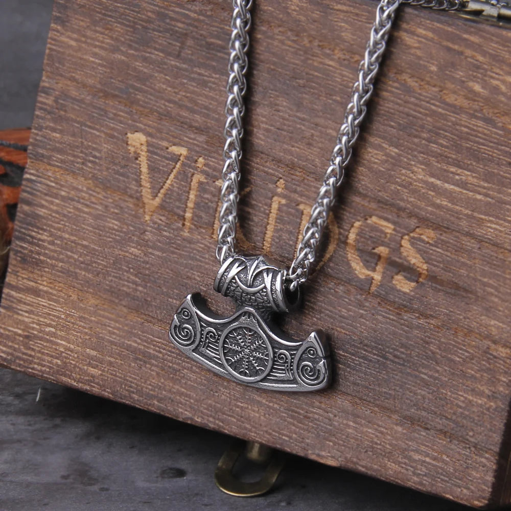 Fashion Valknut Viking Thor's Hammer Pendant Necklace With keel Chain As Men Gift with wooden box