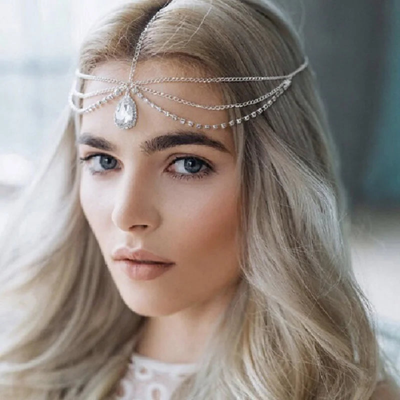 Boho Bridal Rhinestone Head Chain Headbands for Women Wedding Accessories Crystal Forehead Chain Indian Hair Jewelry