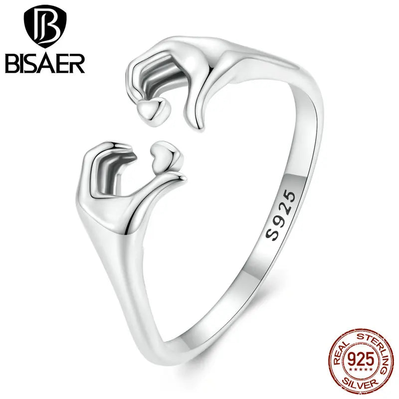 BISAER 925 Sterling Silver Hand Heart Rings For Romantic Women Love Couple Wedding Promise Rings Valentine's Day Fine Jewelry