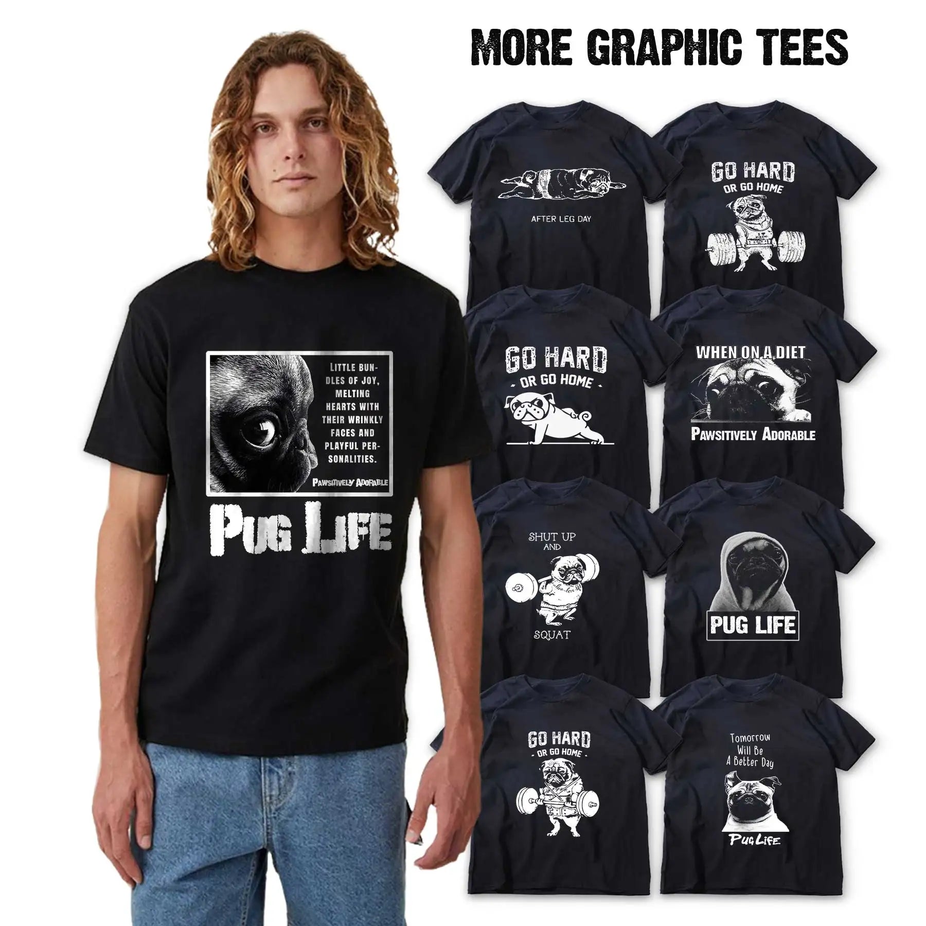 Lustiges T-Shirt aus Baumwolle mit großem Mops-Hunde-Print, großer lustiger Hund, Harajuku, schwarzes Grafik-T-Shirt, schwarzes T-Shirt mit neuartigem Design